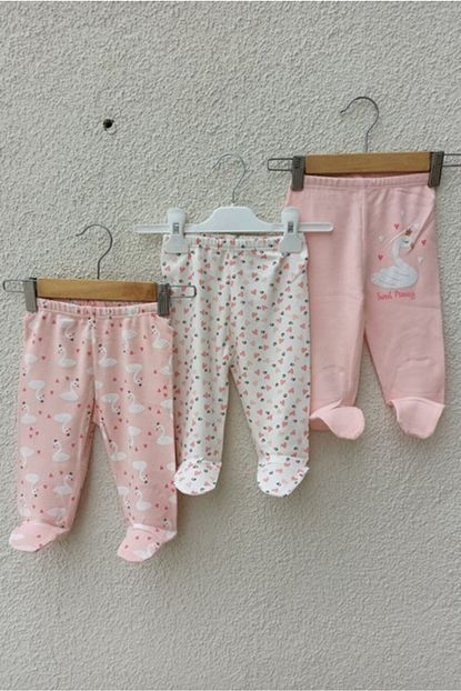 Babyim Kiz Bebek Pembe Kugu Desenli 3 Lu Bebek Ayakli Tek Alt Pantolon 3 6 9 Ay Trendyol