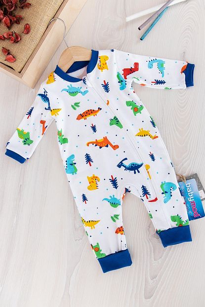 Babymod Erkek Bebek Mavi Beyaz Dino Figurlu Fermuarli Tulum Trendyol