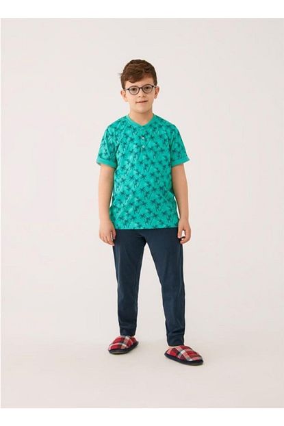 Dagi Erkek Cocuk Yesil O Yaka Pamuk Palmiye Empirme Alti Ribana Kisa Kisa Kol Pijama Takimi Dgc13011 Trendyol