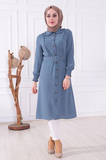 Moda Gulay Kadin Lacivert Yakasi Ve Gogsu Firfirli Beli Kemerli Kolu Lastikli Uzun Gomlek Trendyol