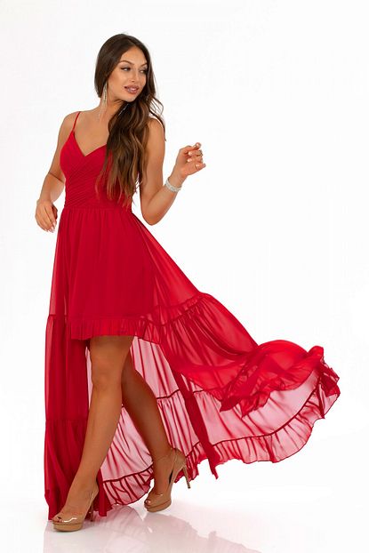 Carmen Kirmizi Sifon Pliseli Askili Uzun Abiye Elbise Trendyol