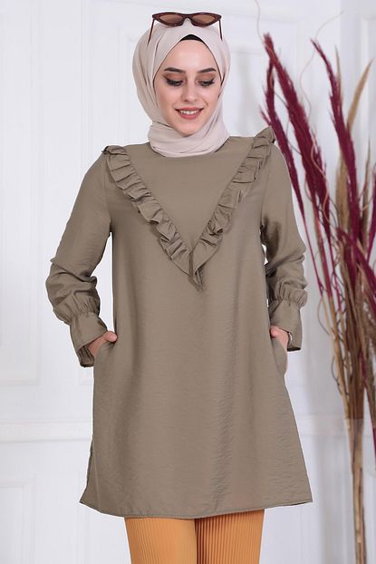 Moda Gulay Haki Onu V Firfirli Ayrobin Tunik Trendyol