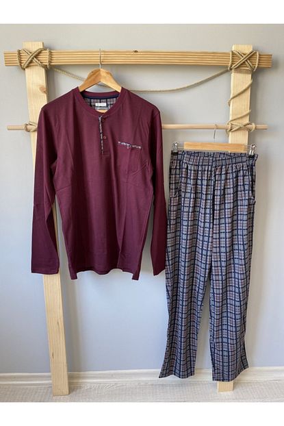 Erse Erkek Bordo Kareli Dugmeli Pamuk Uzun Kol Pijama Takimi 0504 Trendyol