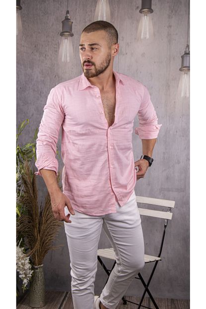 Moda Fethi Ince Kumas Toz Pembe Gomlek Trendyol