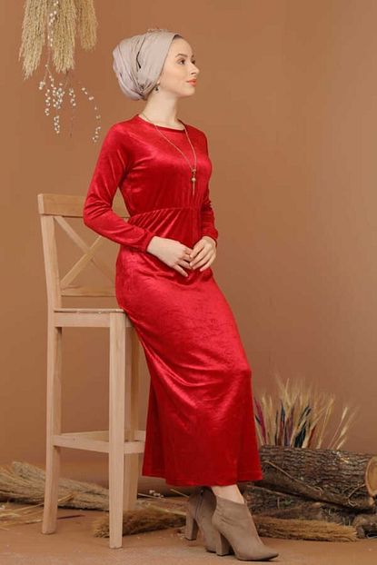 Moda Cizgi Kadife Tesettur Elbise Bordo 7949 Trendyol