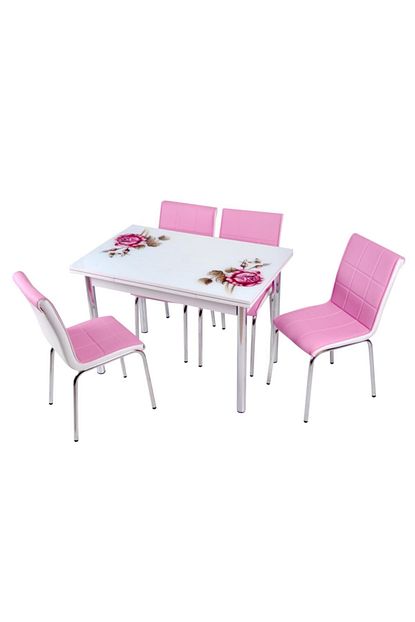 Sweet Home Smart Acilir Cam Masa Pembe Gul 4 Adet Monopetli Sandalye Takim Trendyol
