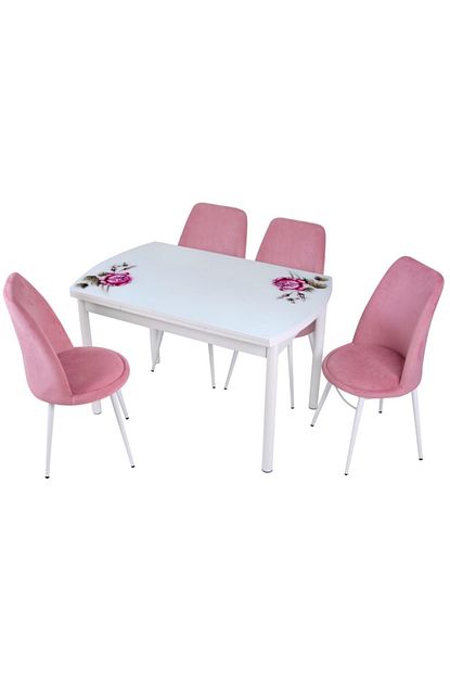 Sweet Home Smart Oval Acilir Cam Masa Pembe Gul 4 Adet Melisa Sandalye Takim Trendyol