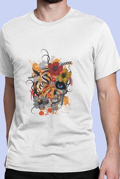 Angelloco Erkek Beyaz Kaplan Ve Kurukafa Baskili Penye Erkek T Shirt Trendyol