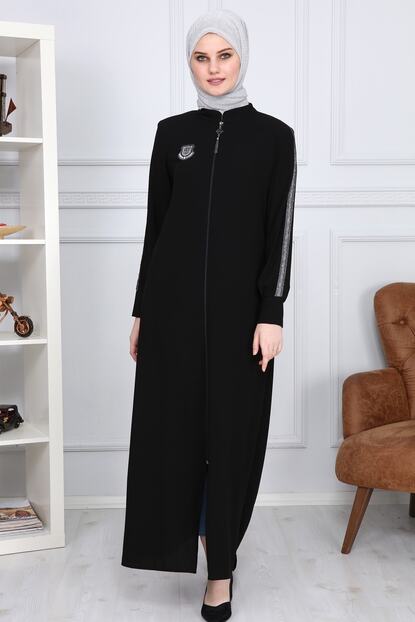 Moda Cizgi Arma Desenli Kol Seritli Ferace Siyah 2176 Trendyol