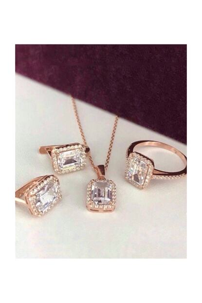 Dipfiyatlar Baget Tasli Gumus Kolye Kupe Yuzuk 3 Lu Set Rose Trendyol