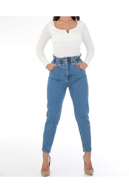 Jeans Kadin Mavi Beli Lastikli Iki Dugmeli Mom Pantolon Trendyol