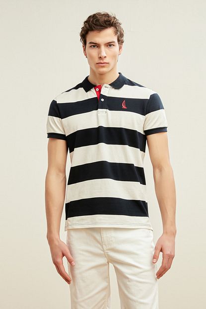 Mudo Erkek Lacivert Polo Yaka Cizgili Pamuk T Shirt 370222 Trendyol