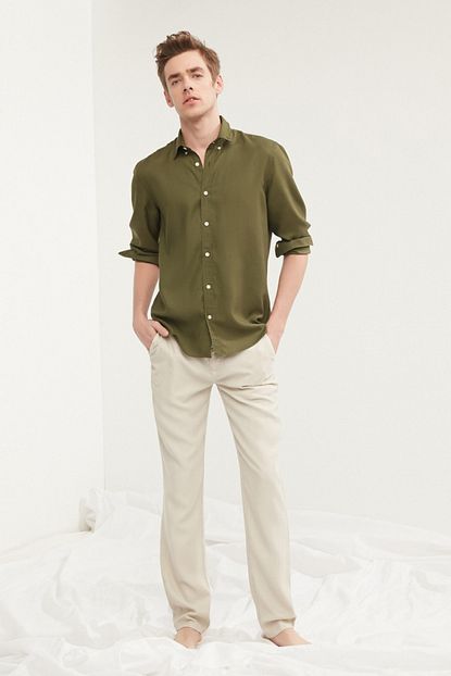Mudo Erkek Haki Regular Kesim Gomlek Tencel 376005 Trendyol