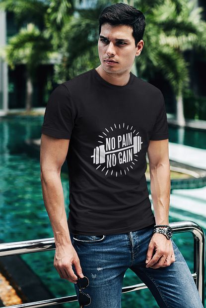 Angelloco Erkek Siyah No Pain No Gain Yazili Penye T Shirt Trendyol