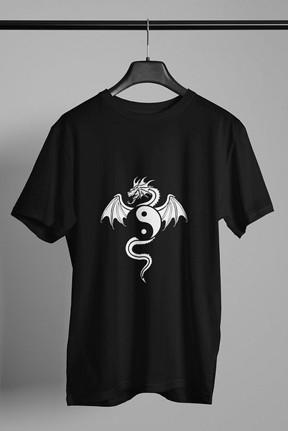 Angelloco Erkek Siyah Yin Yang Ve Ejderha Baskili Penye T Shirt Trendyol