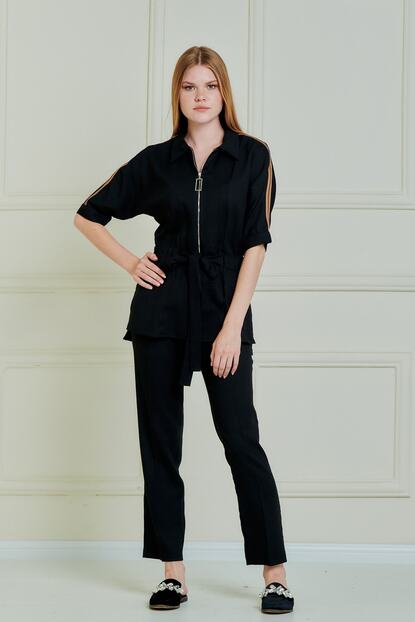 jeanne darc kadin siyah yarasa kol omuzda deri detayli fermuarli ceket ve pantolon set jp38061 trendyol