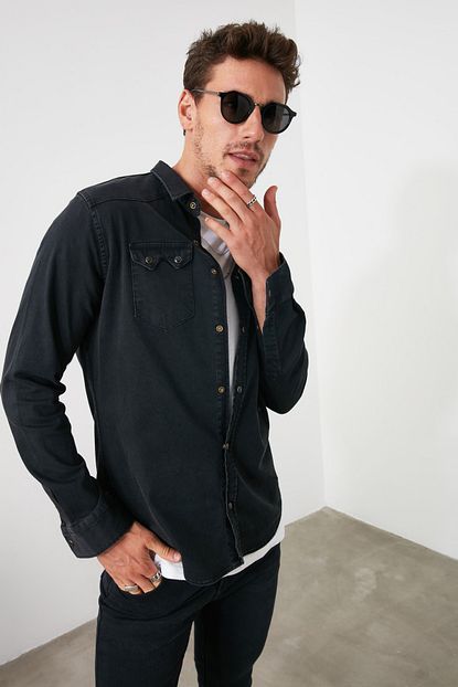 Trendyol Man Antrasit Erkek Likrali Kalin Cep Seritli Denim Gomlek Tmnss20go0106 Trendyol