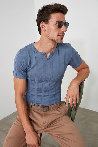 Trendyol Man Indigo Erkek Kesik Yaka Kisa Kollu Slim Fit Triko Kazak Tmnaw21kz0903 Trendyol
