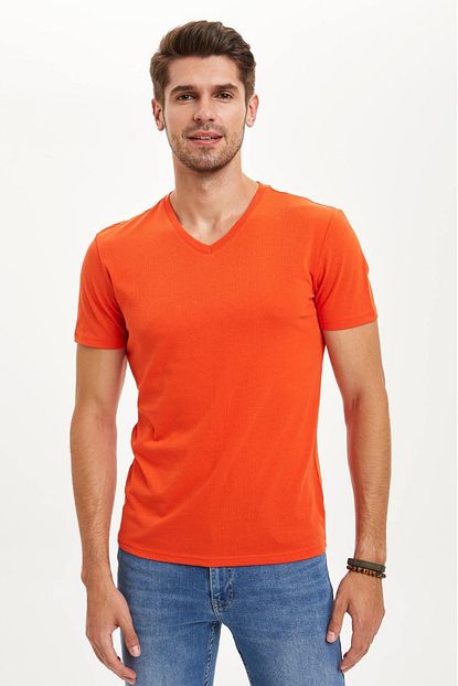 Defacto Erkek Turuncu Slim Fit V Yaka Basic Tisort S3930az20sm Trendyol