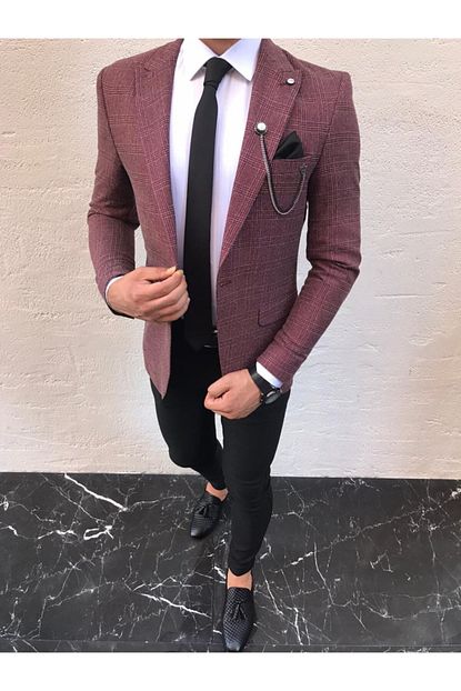 Bycool Fashion Erkek Bordo Kircilli Ceket Kravat Mendil Yaka Zinciri Takim Elbise Trendyol