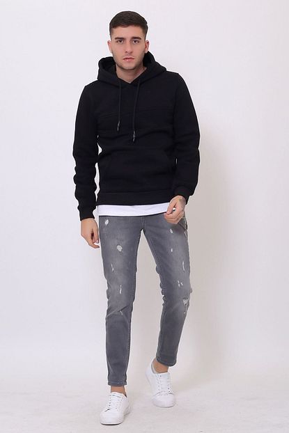 Ltc Jeans Erkek Siyah Yirtmac Ve Ek Parcali Kapusonlu Kanguru Cepli Sweatshirt Trendyol