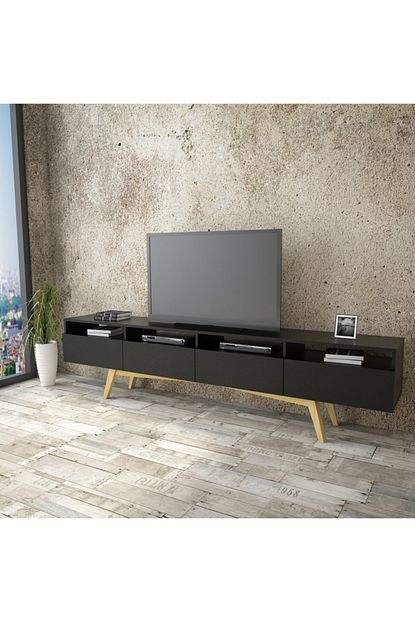 Yurudesign Wn25 Masif Tv Unitesi 4 Kapakli Cam Iskelet 240cm Siyah Trendyol