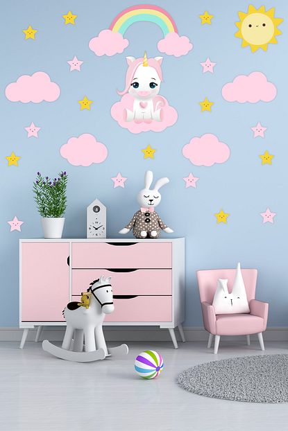 Tilki Dunyasi Sevimli Unicorn 2 Yildizlar Pembe Bulutlar Cocuk Odasi Sticker Trendyol
