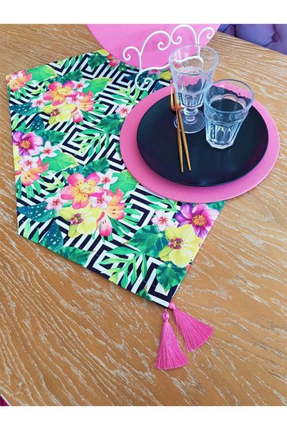 Else Home Collection Renkli Tropik Desen Runner 2 Pembe Supla Set Trendyol