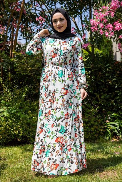 Bg Collection Kadin Beyaz Acelya Cicegi Desen Dokuma Tesettur Elbise Trendyol