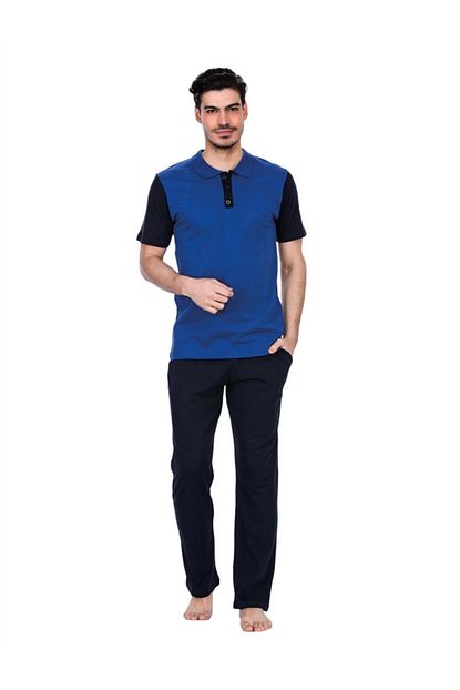 Gunes Mavi Polo Yaka 3 Lu Kisa Kol Erkek Pijama Takimi Trendyol