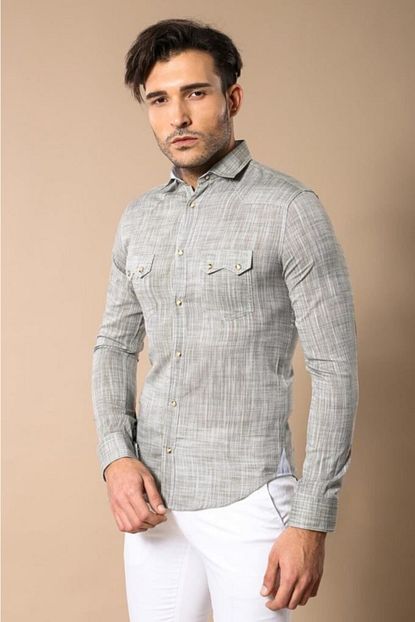 Wessi Erkek Yesil Slim Fit Duz Mansetli Iki Cepli Keten Gomlek Trendyol