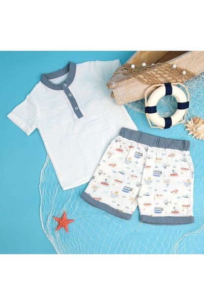 hellobaby erkek bebek ekru desenli muslin gomlek sort takim fiyati yorumlari trendyol