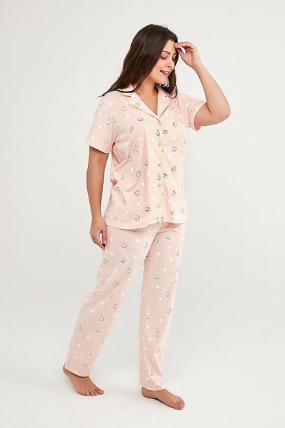 kadin pembe kedi ve dots gomlek pijama takimi