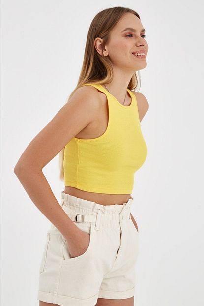 Mellowbutik Kadin Sari Fitilli Kolsuz Crop Top Trendyol