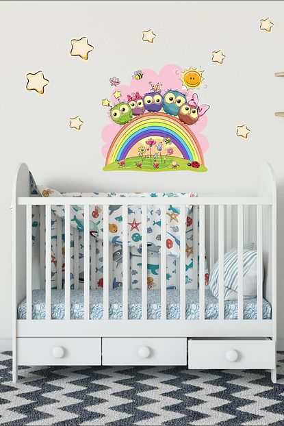 Tugibu Pembe Baykuslar Ve Gokkusagi Cocuk Odasi Duvar Sticker Trendyol