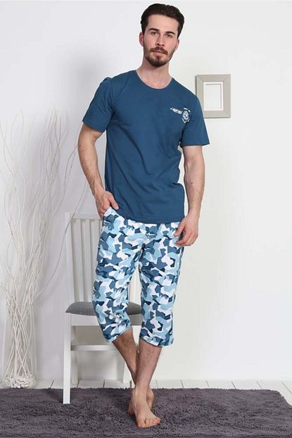 Gazzaz Erkek Mavi Kisa Kol Normal Beden Suprem Kaprili Pijama Takim Trendyol