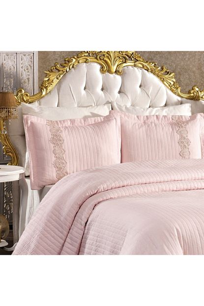 Evlen Home Kapitone Mihrimah Pudra Dantelli 3 Parca Yatak Ortusu Trendyol