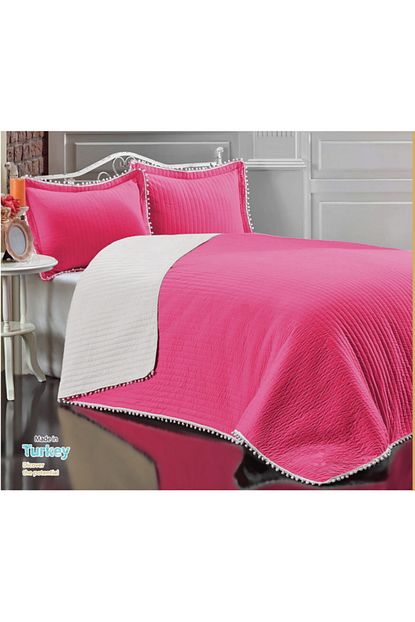 Evlen Home Fusya Kapitone Ponpon 3 Parca Yatak Ortusu Cift Kisilik Trendyol