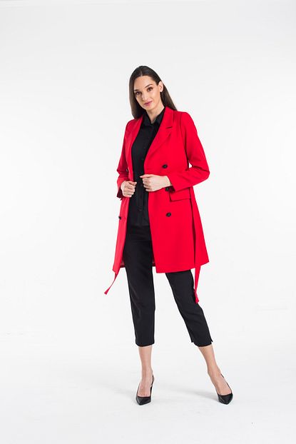 Pitti Kadin Kirmizi Siyah Dugmeli Uzun Ceket 60379 Trendyol
