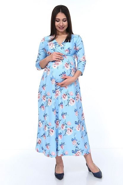 Angel Mom Kadin Mavi Uzun Kol Hamile Elbisesi Trendyol