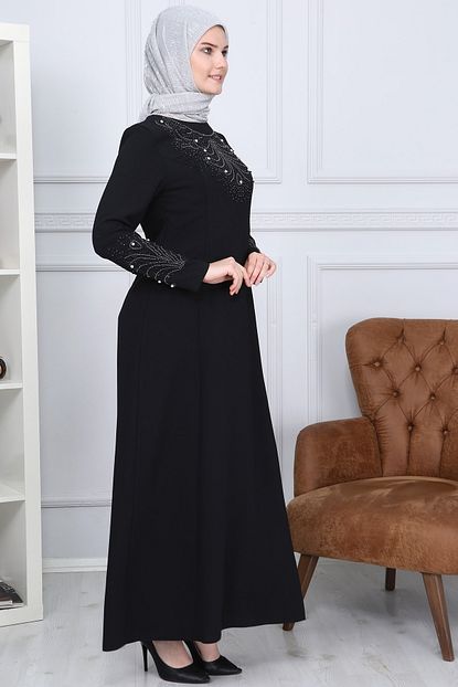 Moda Cizgi Dantelli Ve Tasli Tesettur Elbise Mdc1196 Siyah Trendyol