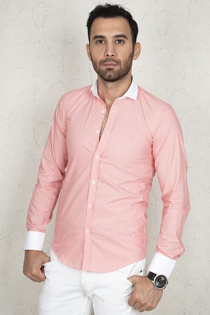 Deepsea Erkek Pembe Cizgili Slim Fit Gomlek 2004175 Trendyol