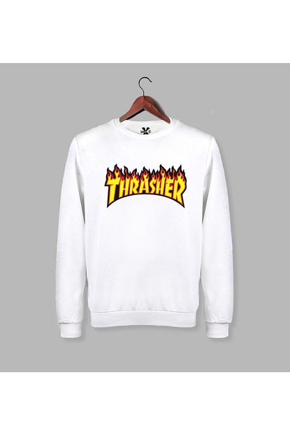 Darkia Erkek Beyaz Thrasher Baskili Uzun Kollu Beyaz Sweat Sweatshirt Trendyol