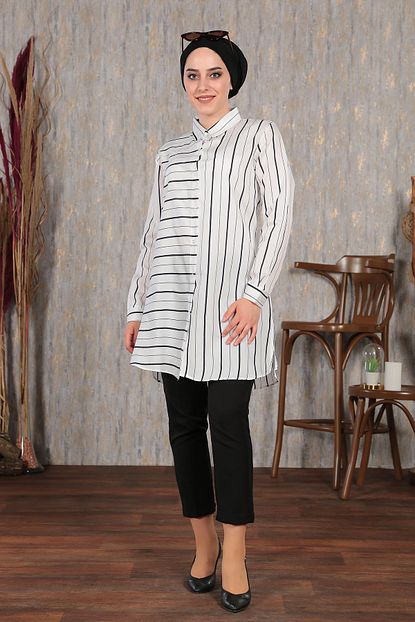 Moda Gulay Kadin Siyah Cift Cizgili Uzun Gomlek Trendyol