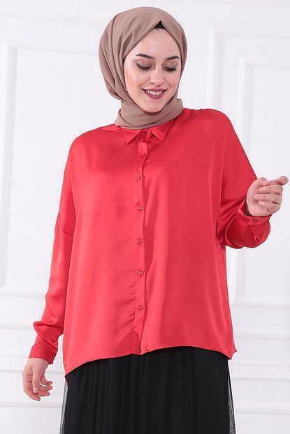 Moda Gulay Kadin Kirmizi Saten Salas Gomlek Trendyol