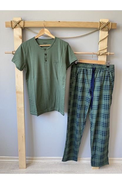 Aydogan Erkek Yesil Kareli Dugmeli Kisa Kol Pijama Takimi 7816 Trendyol