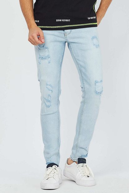 Denim Republic Erkek Buz Mavisi Yirtik Kot Pantolon Super Skinny Trendyol