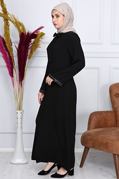 Moda Cizgi Kollari Tasli Ferace Abaya 2056 Siyah Trendyol
