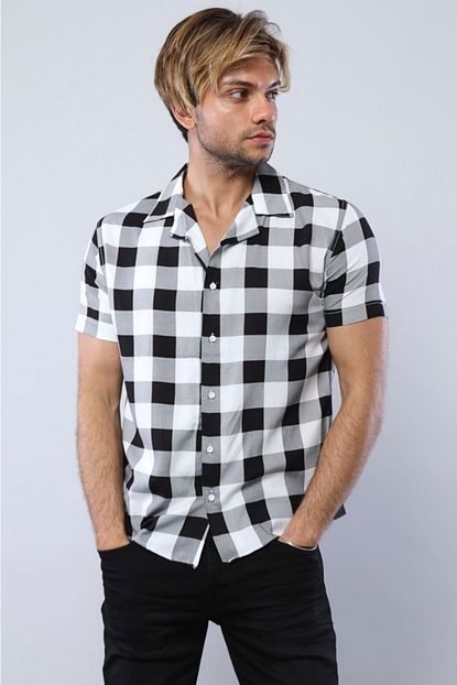 Lucca Erkek Siyah Beyaz Kareli Apaj Yaka Kisa Kol Slim Fit Gomlek Trendyol