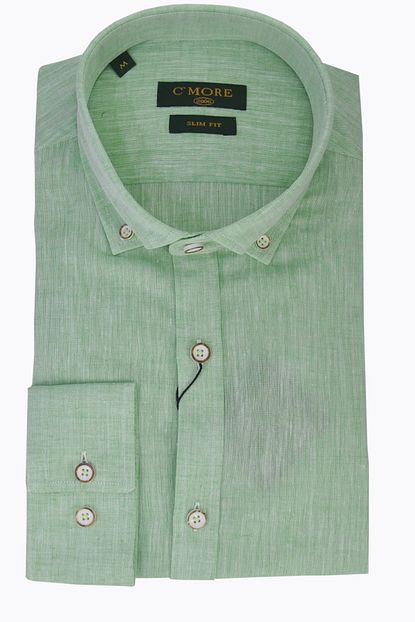 C More Erkek Yesil Renk Gunluk Keten Slim Fit Spor Gomlek Trendyol